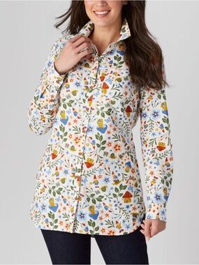 Duluth Trading Co White Button-Up Hemp Tunic Top Garden Gnome Mushroom Print